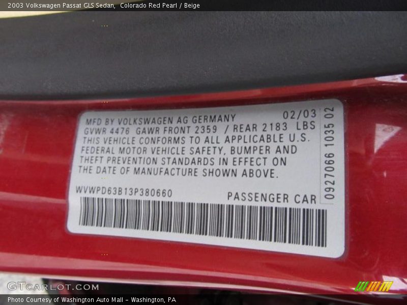 Colorado Red Pearl / Beige 2003 Volkswagen Passat GLS Sedan