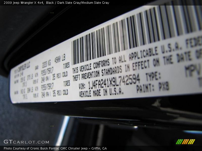 Black / Dark Slate Gray/Medium Slate Gray 2009 Jeep Wrangler X 4x4