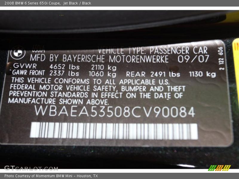 Jet Black / Black 2008 BMW 6 Series 650i Coupe