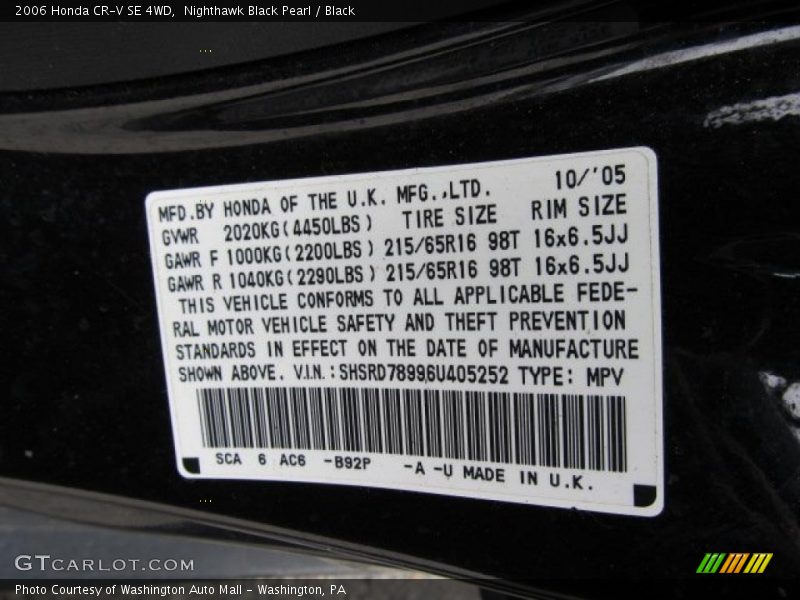 Nighthawk Black Pearl / Black 2006 Honda CR-V SE 4WD