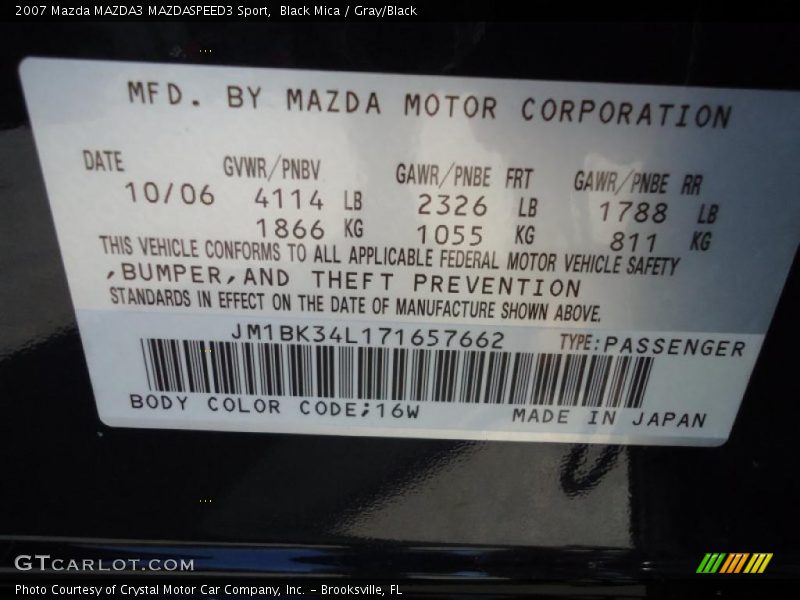 2007 MAZDA3 MAZDASPEED3 Sport Black Mica Color Code 16W