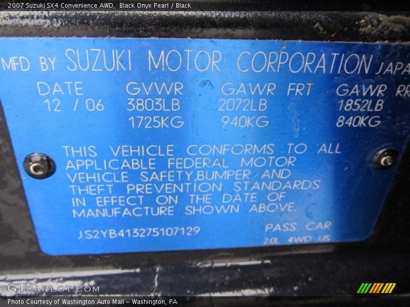 Info Tag of 2007 SX4 Convenience AWD