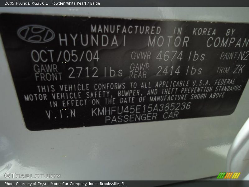 Powder White Pearl / Beige 2005 Hyundai XG350 L