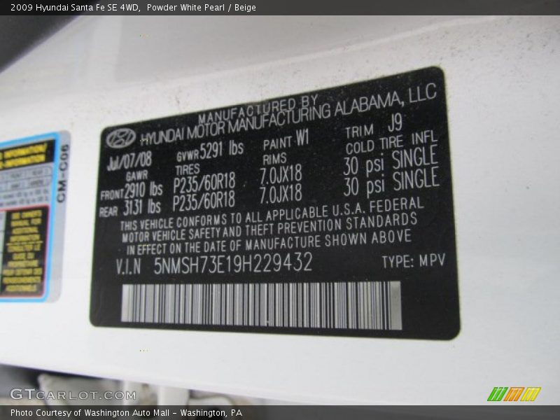 Powder White Pearl / Beige 2009 Hyundai Santa Fe SE 4WD