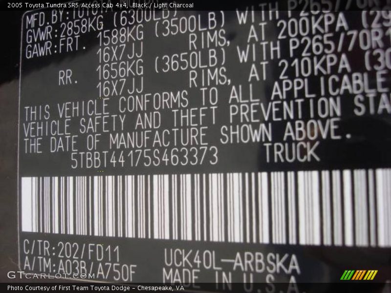 Black / Light Charcoal 2005 Toyota Tundra SR5 Access Cab 4x4