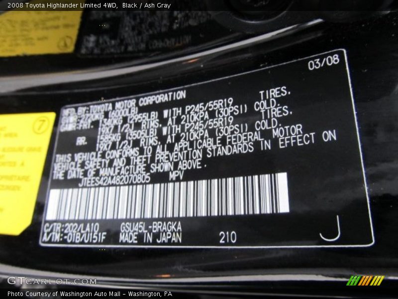 Black / Ash Gray 2008 Toyota Highlander Limited 4WD