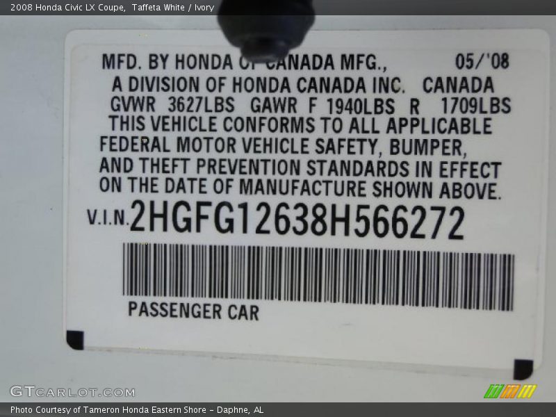 Taffeta White / Ivory 2008 Honda Civic LX Coupe