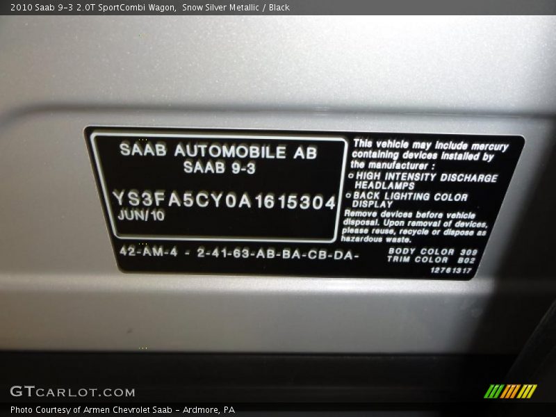 Info Tag of 2010 9-3 2.0T SportCombi Wagon