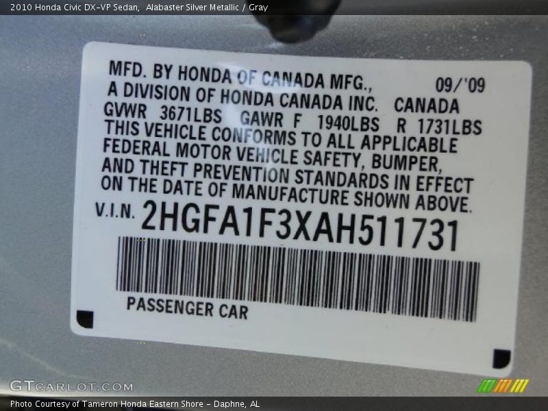 Alabaster Silver Metallic / Gray 2010 Honda Civic DX-VP Sedan