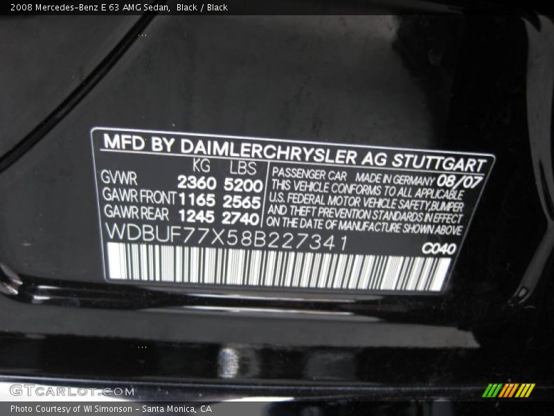 2008 E 63 AMG Sedan Black Color Code 040