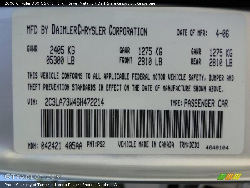 Bright Silver Metallic / Dark Slate Gray/Light Graystone 2006 Chrysler 300 C SRT8