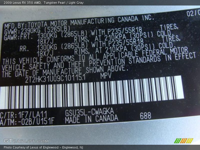 Tungsten Pearl / Light Gray 2009 Lexus RX 350 AWD