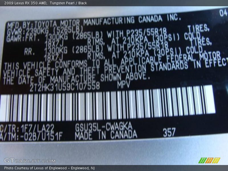 Tungsten Pearl / Black 2009 Lexus RX 350 AWD