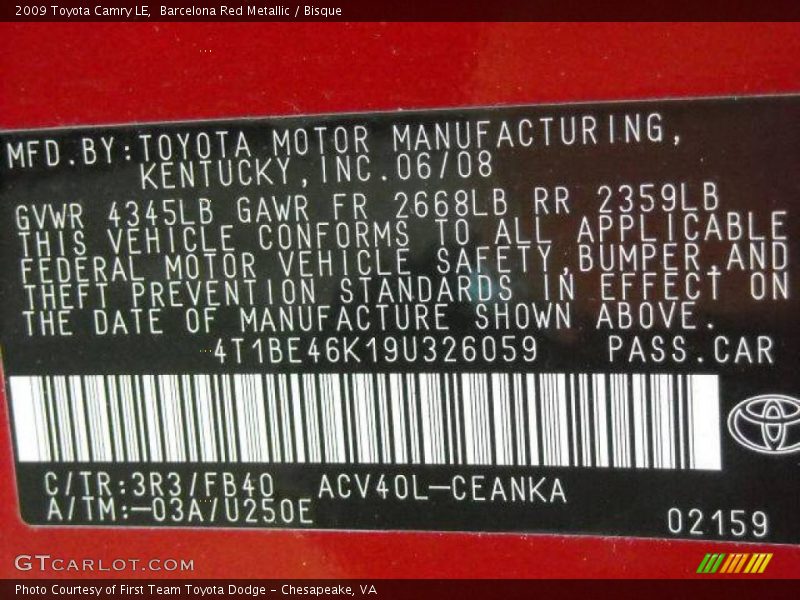Barcelona Red Metallic / Bisque 2009 Toyota Camry LE