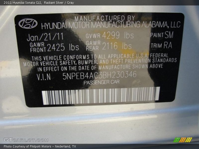 Radiant Silver / Gray 2011 Hyundai Sonata GLS