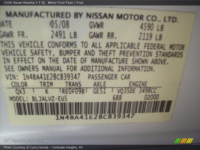 Winter Frost Pearl / Frost 2008 Nissan Maxima 3.5 SE