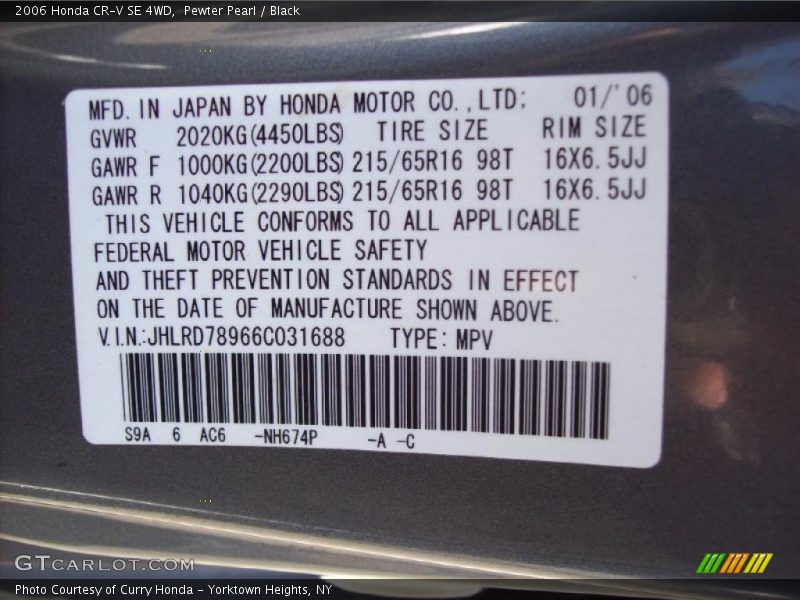 Pewter Pearl / Black 2006 Honda CR-V SE 4WD