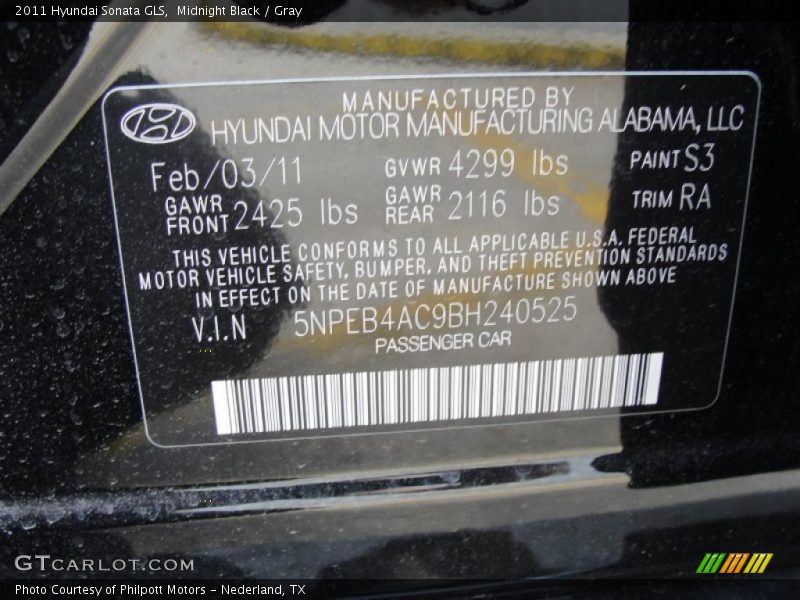 Midnight Black / Gray 2011 Hyundai Sonata GLS