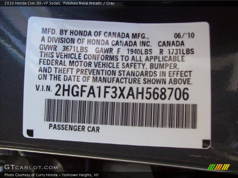 Polished Metal Metallic / Gray 2010 Honda Civic DX-VP Sedan