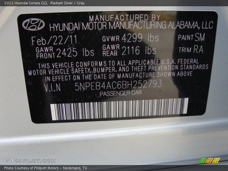 Radiant Silver / Gray 2011 Hyundai Sonata GLS