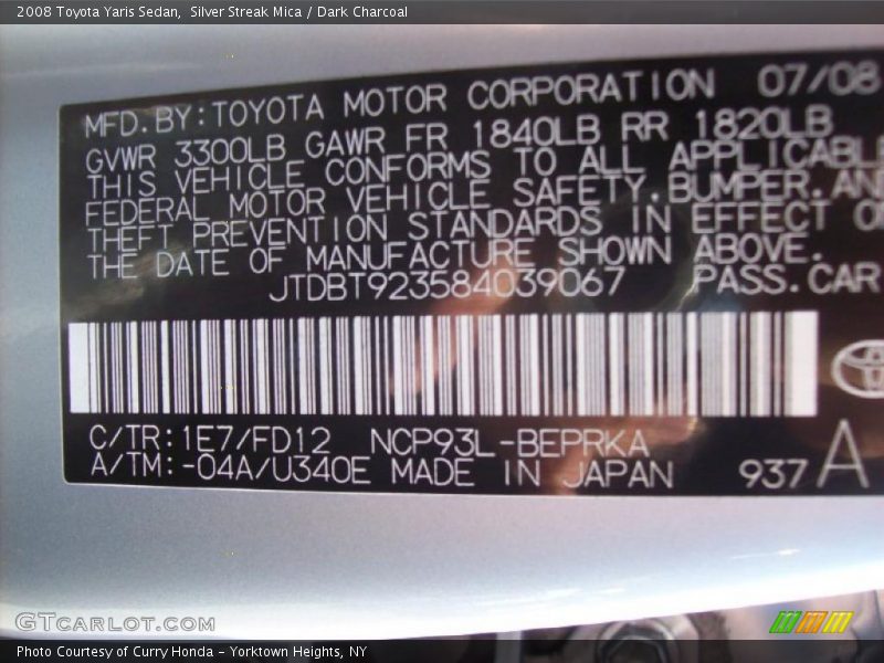 Silver Streak Mica / Dark Charcoal 2008 Toyota Yaris Sedan