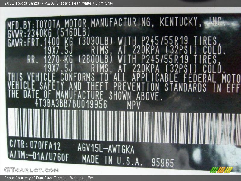 Blizzard Pearl White / Light Gray 2011 Toyota Venza I4 AWD