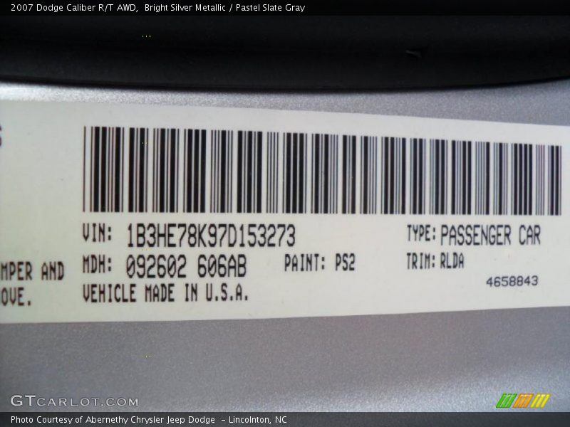 Bright Silver Metallic / Pastel Slate Gray 2007 Dodge Caliber R/T AWD