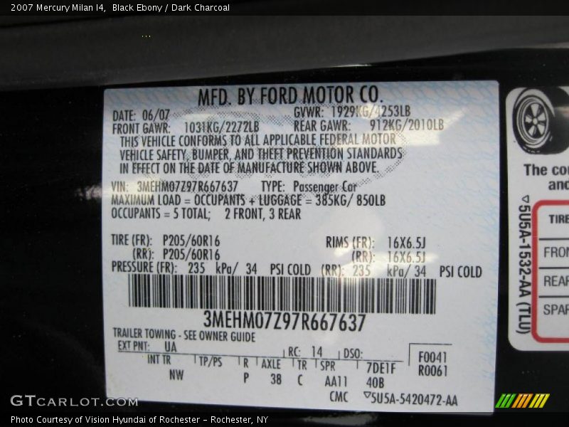 Black Ebony / Dark Charcoal 2007 Mercury Milan I4