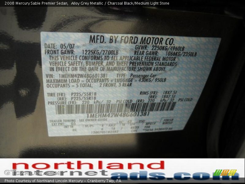 Alloy Grey Metallic / Charcoal Black/Medium Light Stone 2008 Mercury Sable Premier Sedan