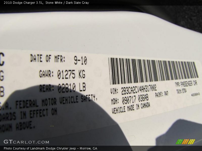 Stone White / Dark Slate Gray 2010 Dodge Charger 3.5L