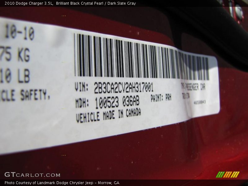 Brilliant Black Crystal Pearl / Dark Slate Gray 2010 Dodge Charger 3.5L