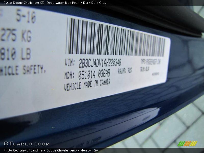 Deep Water Blue Pearl / Dark Slate Gray 2010 Dodge Challenger SE