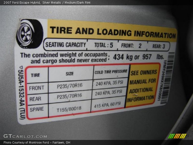 Info Tag of 2007 Escape Hybrid