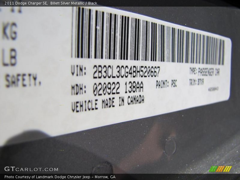 Billett Silver Metallic / Black 2011 Dodge Charger SE