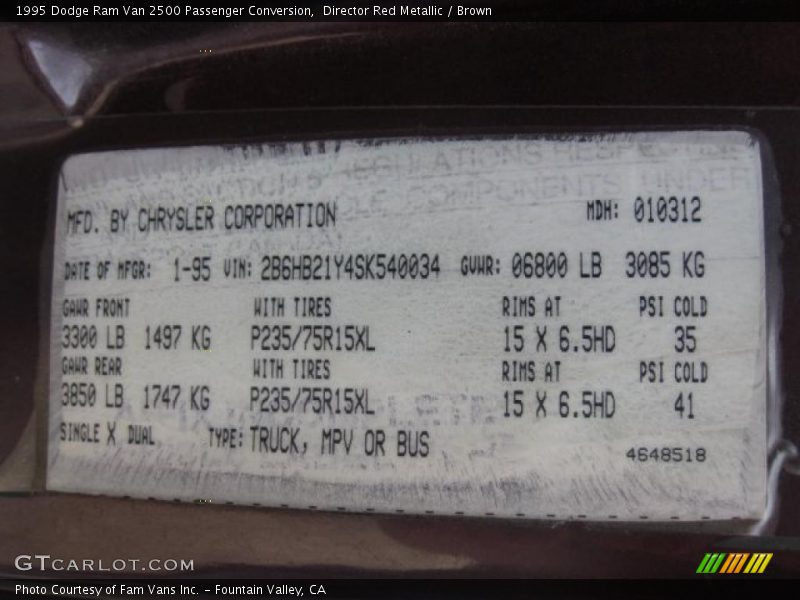 Info Tag of 1995 Ram Van 2500 Passenger Conversion