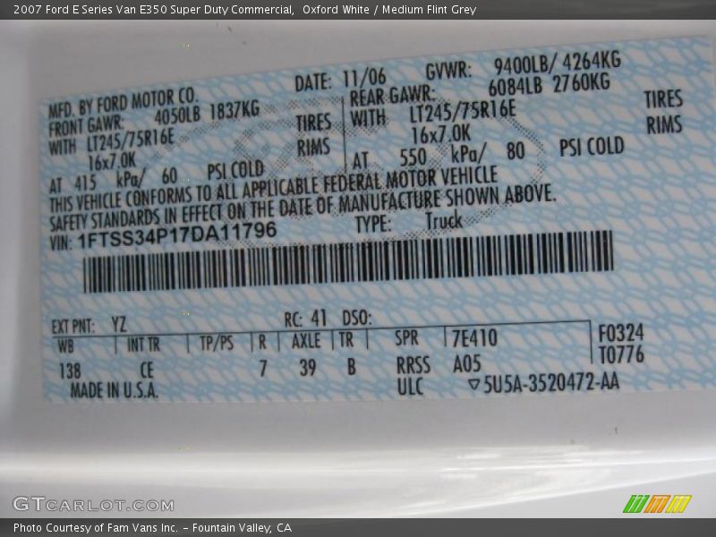 2007 E Series Van E350 Super Duty Commercial Oxford White Color Code YZ