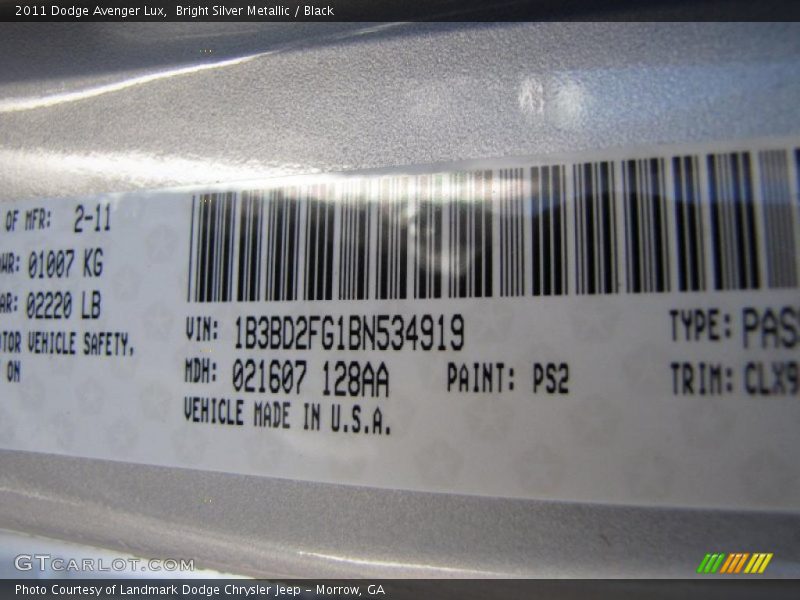 2011 Avenger Lux Bright Silver Metallic Color Code PS2