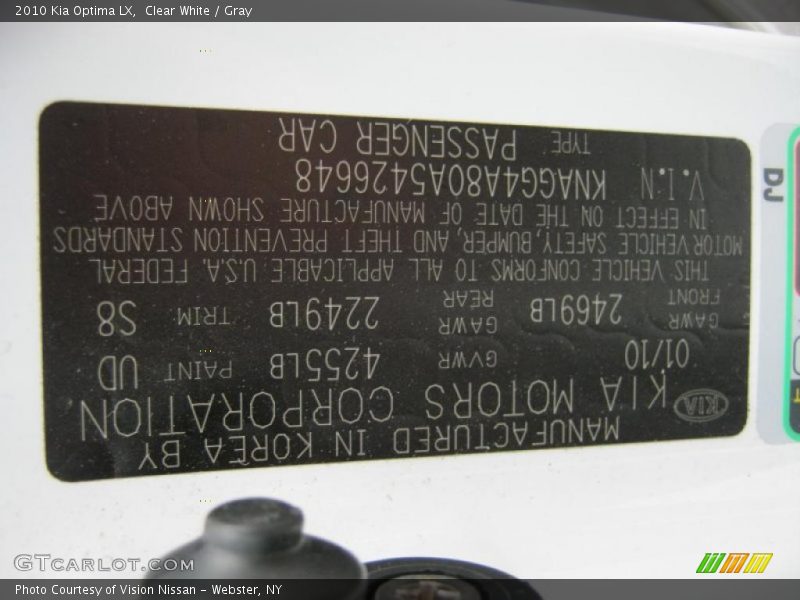 Clear White / Gray 2010 Kia Optima LX