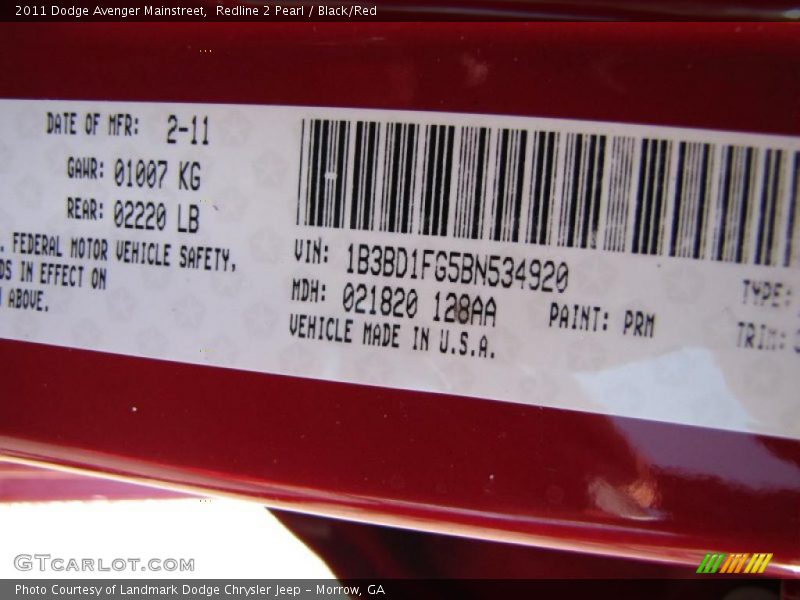 Redline 2 Pearl / Black/Red 2011 Dodge Avenger Mainstreet