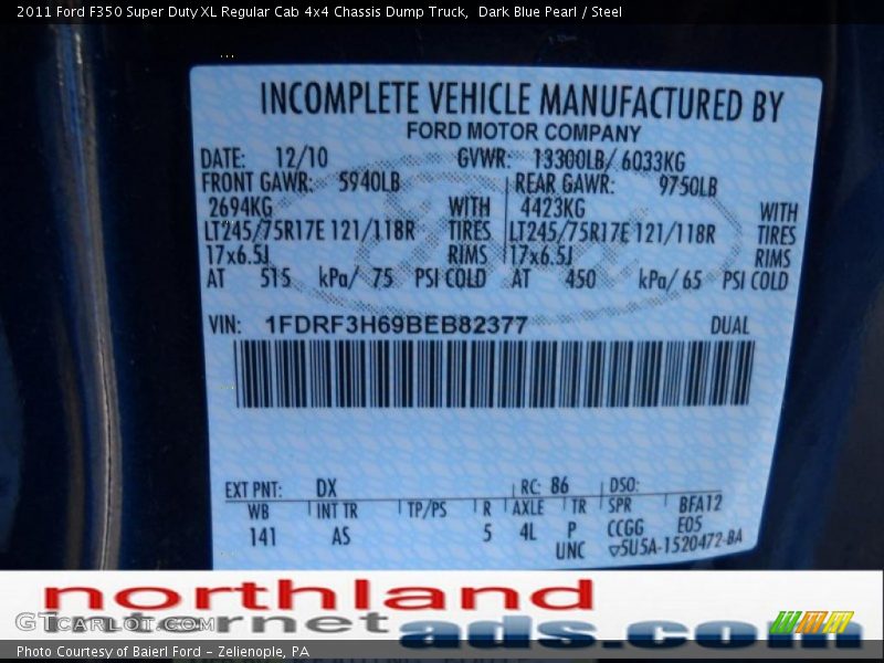 Dark Blue Pearl / Steel 2011 Ford F350 Super Duty XL Regular Cab 4x4 Chassis Dump Truck