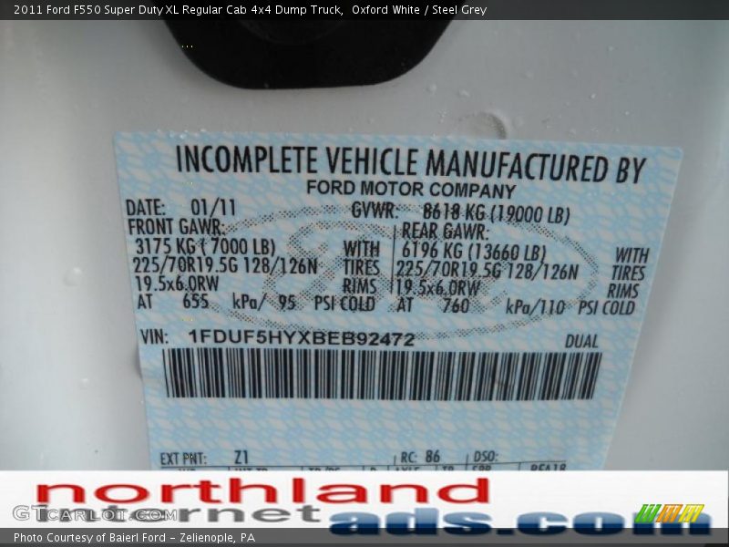 Oxford White / Steel Grey 2011 Ford F550 Super Duty XL Regular Cab 4x4 Dump Truck