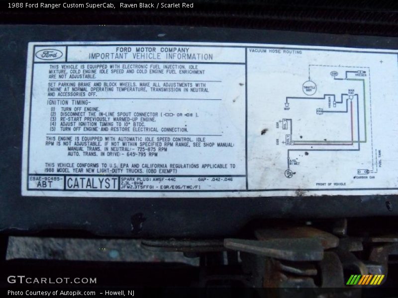 Info Tag of 1988 Ranger Custom SuperCab