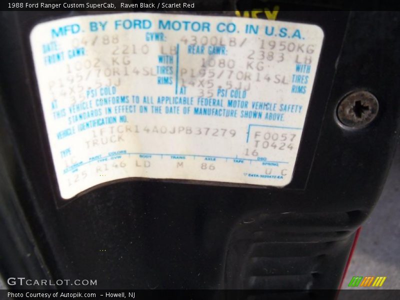 Info Tag of 1988 Ranger Custom SuperCab