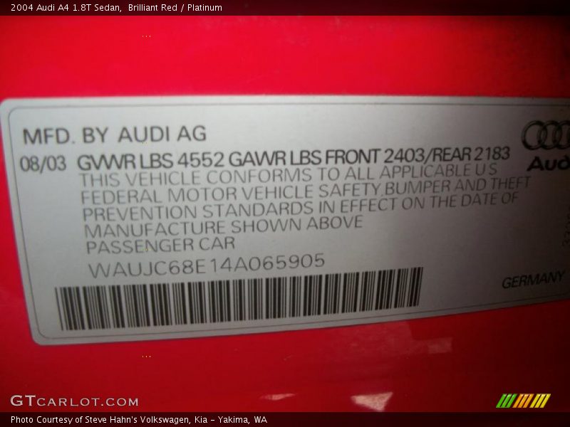 Brilliant Red / Platinum 2004 Audi A4 1.8T Sedan