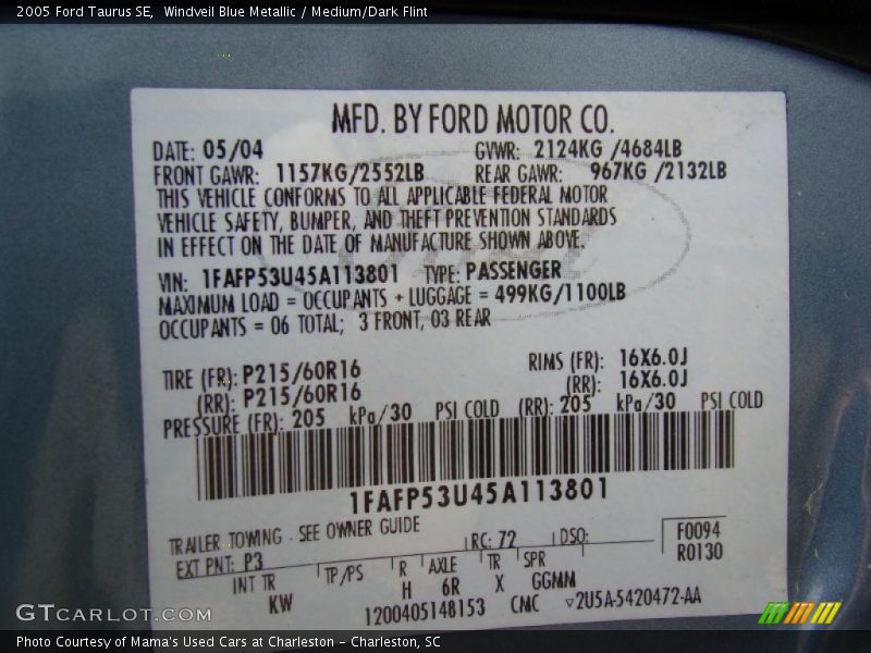 Windveil Blue Metallic / Medium/Dark Flint 2005 Ford Taurus SE