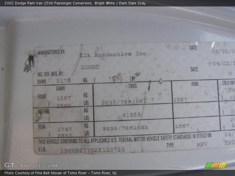 Info Tag of 2002 Ram Van 1500 Passenger Conversion
