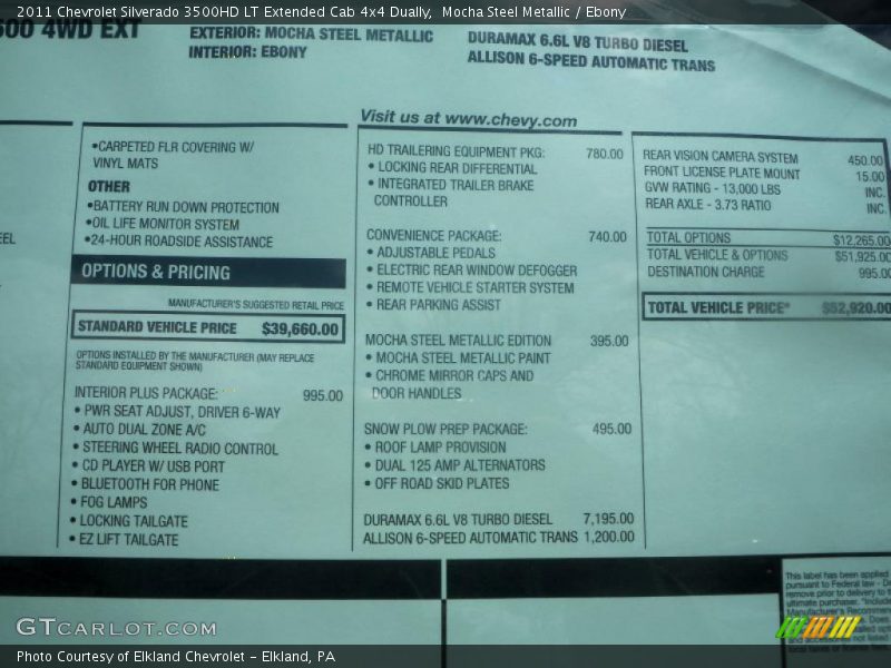  2011 Silverado 3500HD LT Extended Cab 4x4 Dually Window Sticker