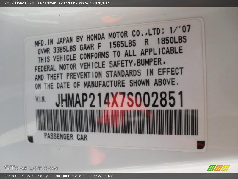 Info Tag of 2007 S2000 Roadster