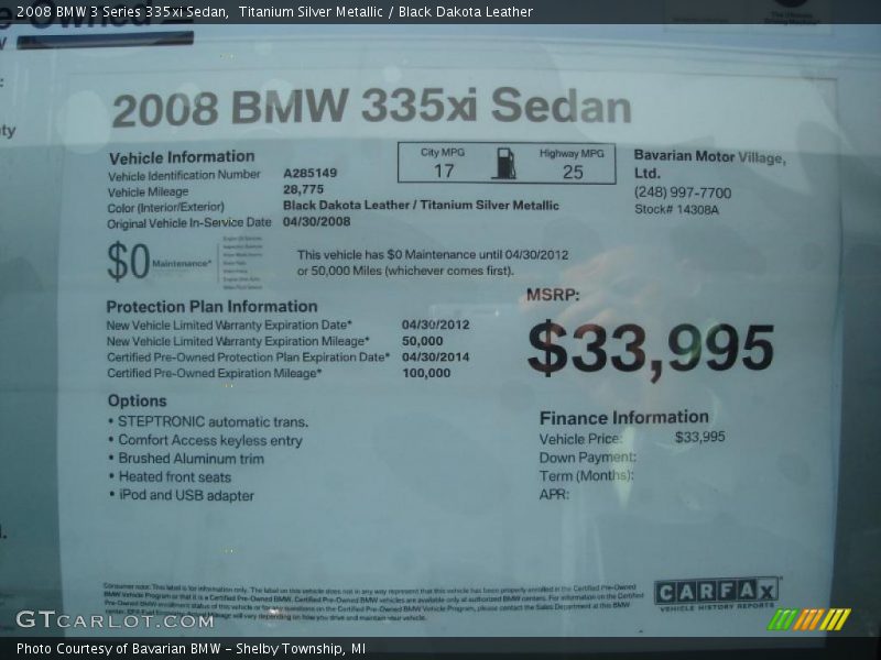 Titanium Silver Metallic / Black Dakota Leather 2008 BMW 3 Series 335xi Sedan