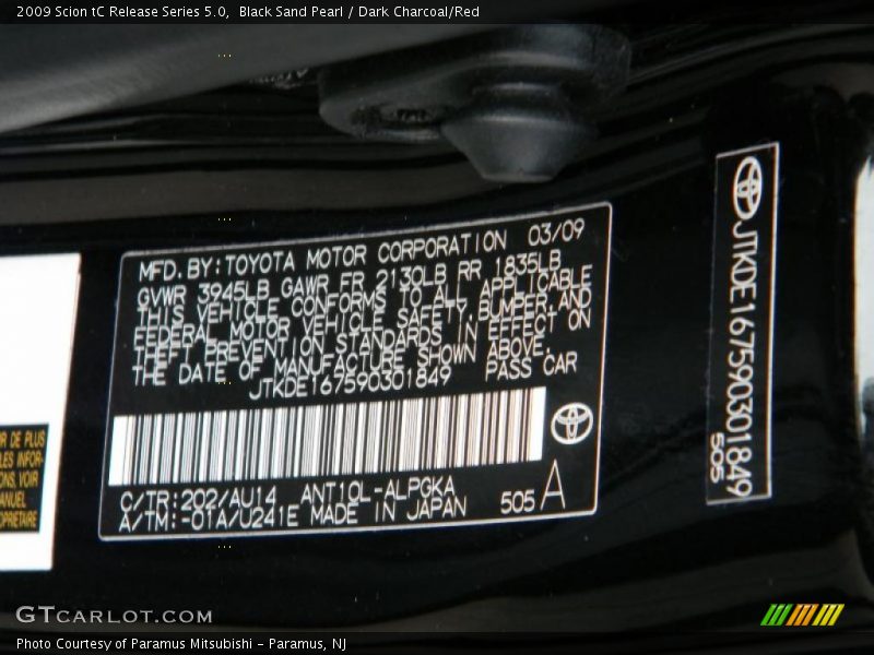 Black Sand Pearl / Dark Charcoal/Red 2009 Scion tC Release Series 5.0